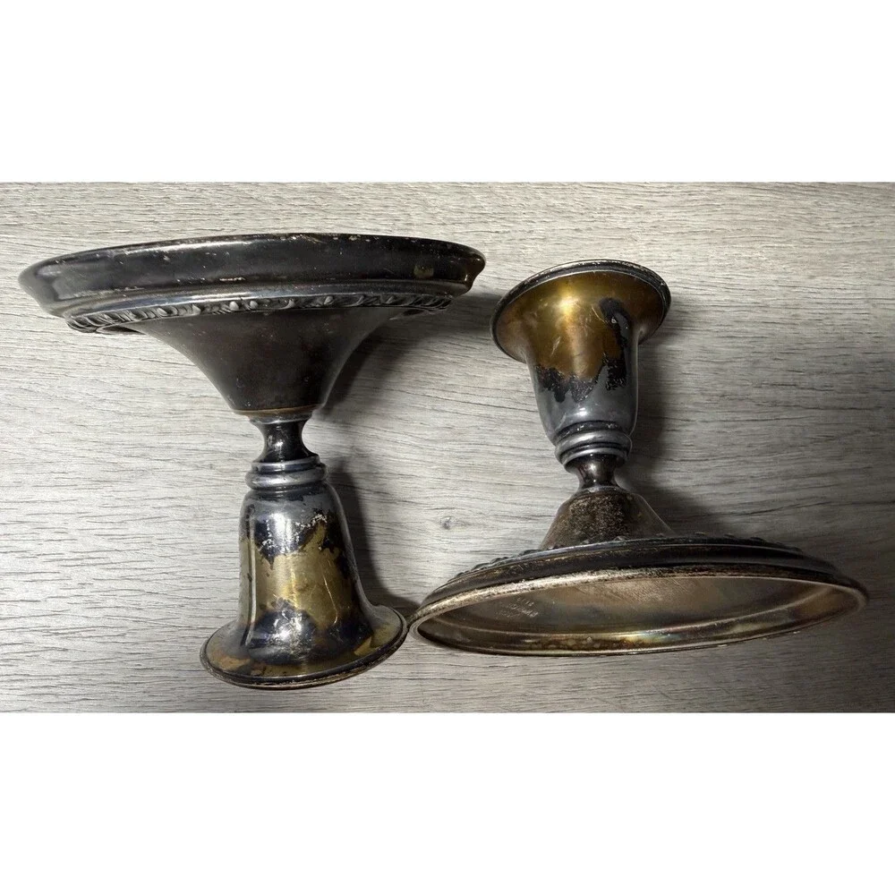 2 Antique William Rogers Silver Plate Candle Holders Art Nouveau Elegant W 4.5